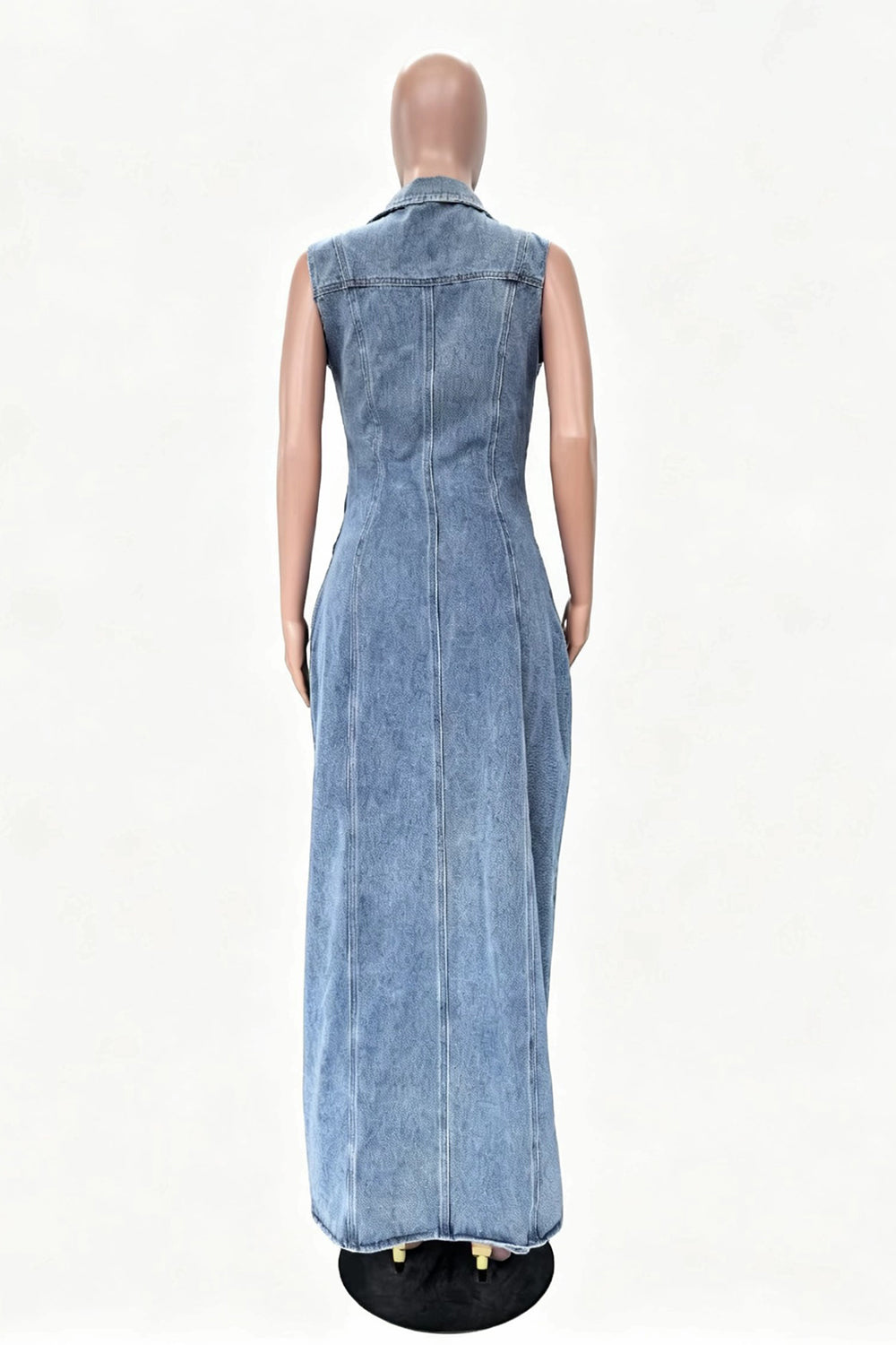 Denim Turndown Collar Sleeveless Slit Slim Fit Casual Maxi Dresses-Blue