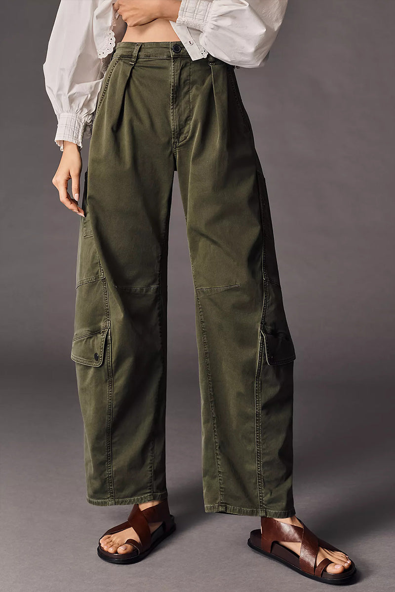 Women High Waist Pleated Front Side Flap Cargo Pocket Straight Leg Washed Olive Green Utility Pants