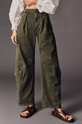 Women High Waist Pleated Front Side Flap Cargo Pocket Straight Leg Washed Olive Green Utility Pants
