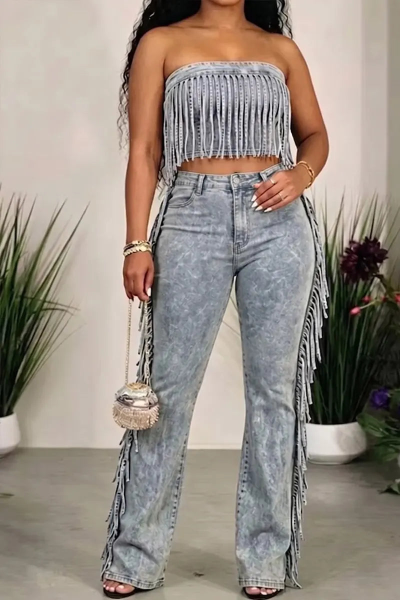 Women's Casual  Light Wash Denim Fringe Denim  Strapless Crop Top Or Flare Jeans