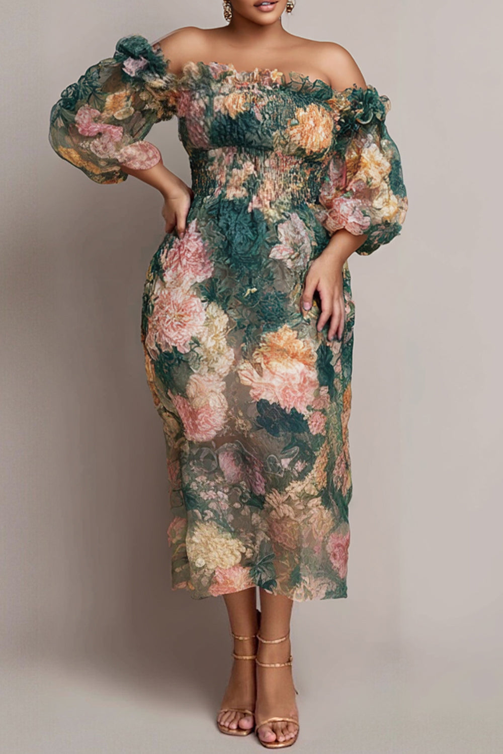 Wedding Guest Green Floral Off The Shoulder Short Sleeve Smocking Chiffon Midi Dresses