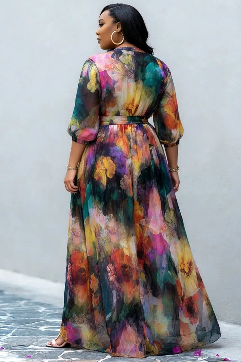 Vacation Multicolor Floral V Neck Puff Sleeve Half Sleeve Split Chiffon Maxi Dresses