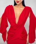 Red Draped Deep V Cape Sleeve Maxi Dress