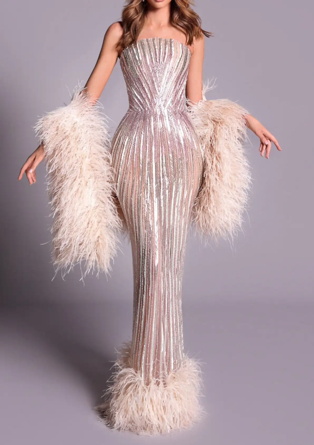 Nude Striped Sequin Mermaid Dress