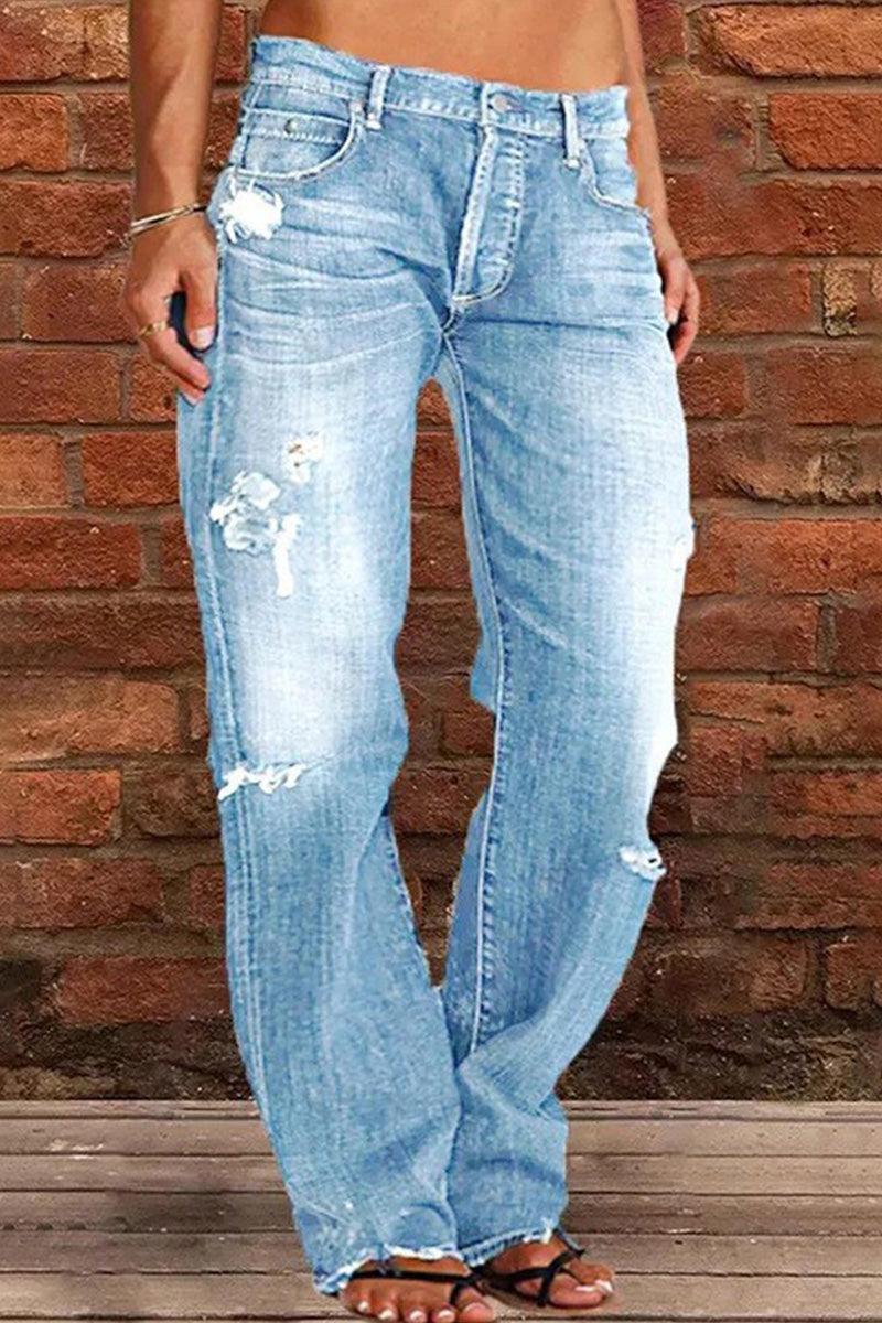 Casual High Rise Raw Trim Hem Ripped Jeans
