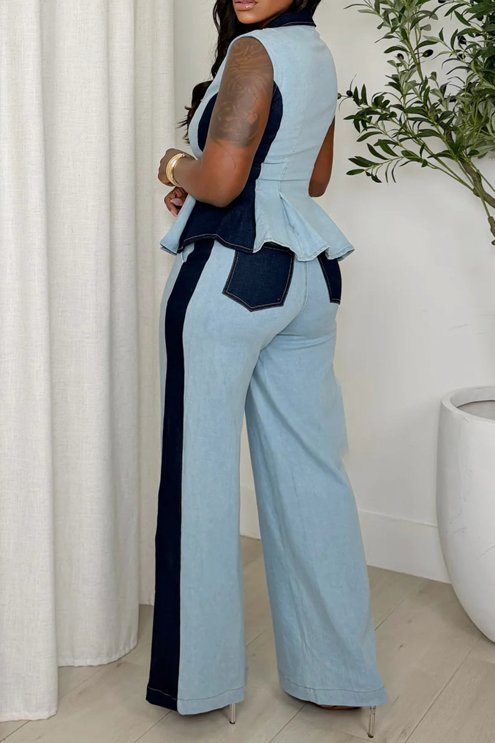 Plus Size Business Casual Blue V Neck Contrast Wide Leg Tencel Denim Two Piece Pant Sets