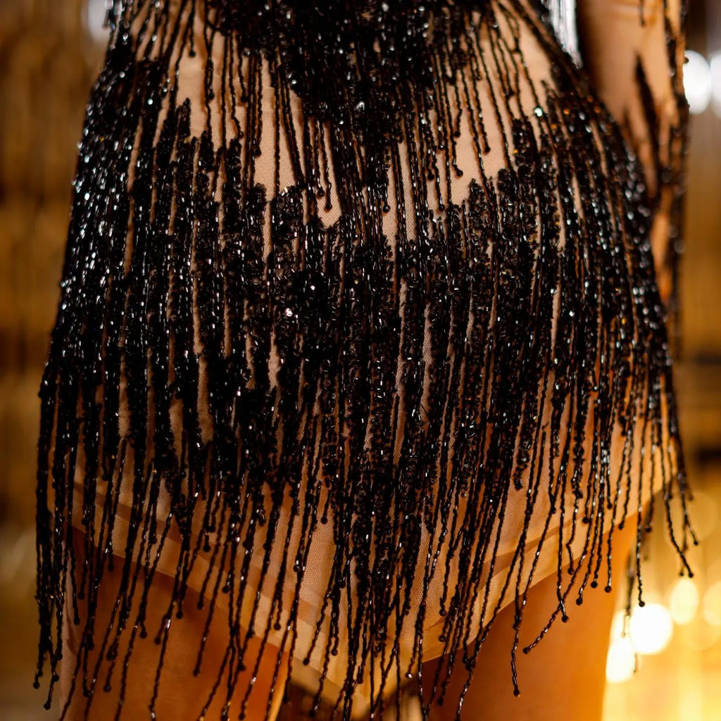 Long Sleeve Sheer Mesh Black Sequin Fringe Bodycon Party Mini Dress