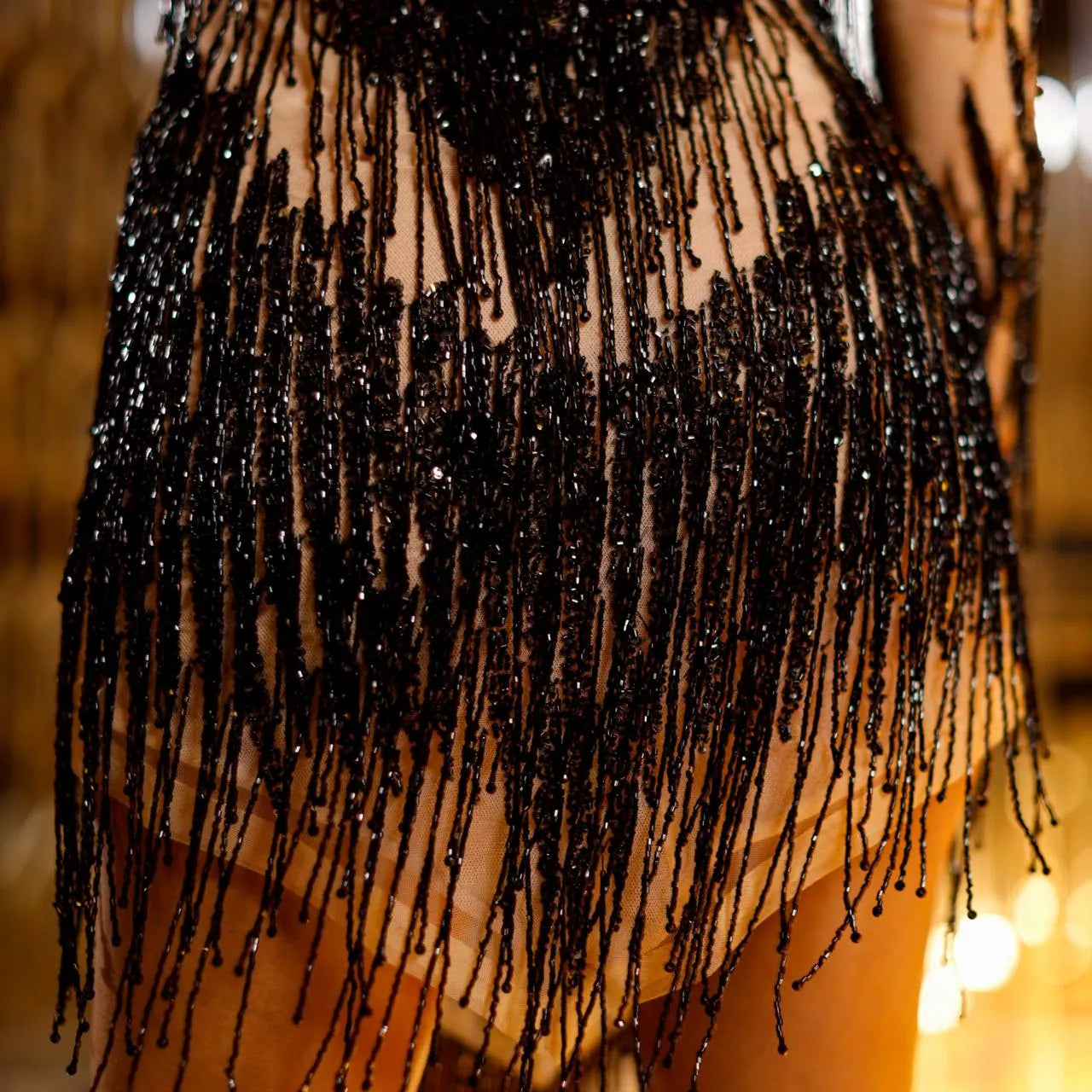 Long Sleeve Sheer Mesh Black Sequin Fringe Bodycon Party Mini Dress