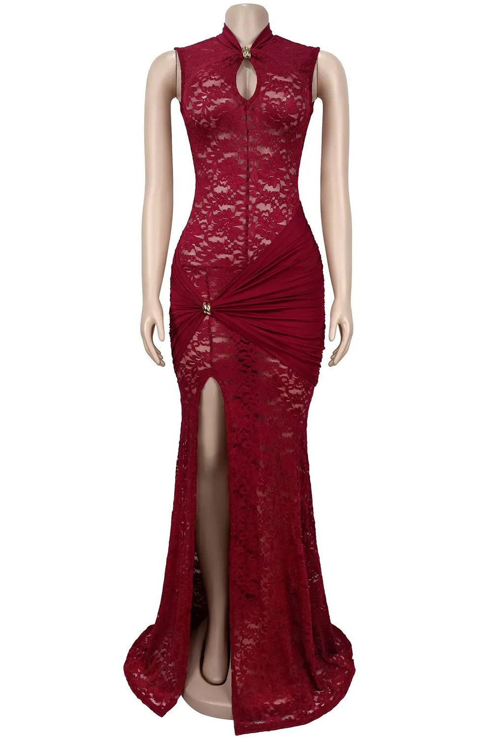 Lace Sleeveless Chest Cut Out Slit Slim Evening Gowns Maxi Dresses-Burgundy