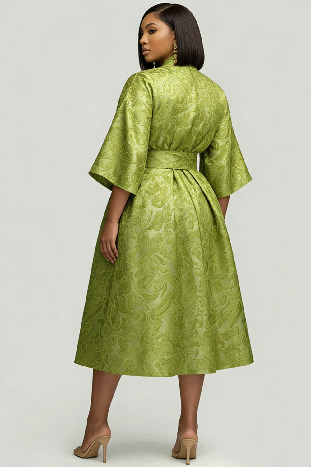 Wedding Guest Green Round Neck 3/4 Sleeve Pocket Midi Dresses