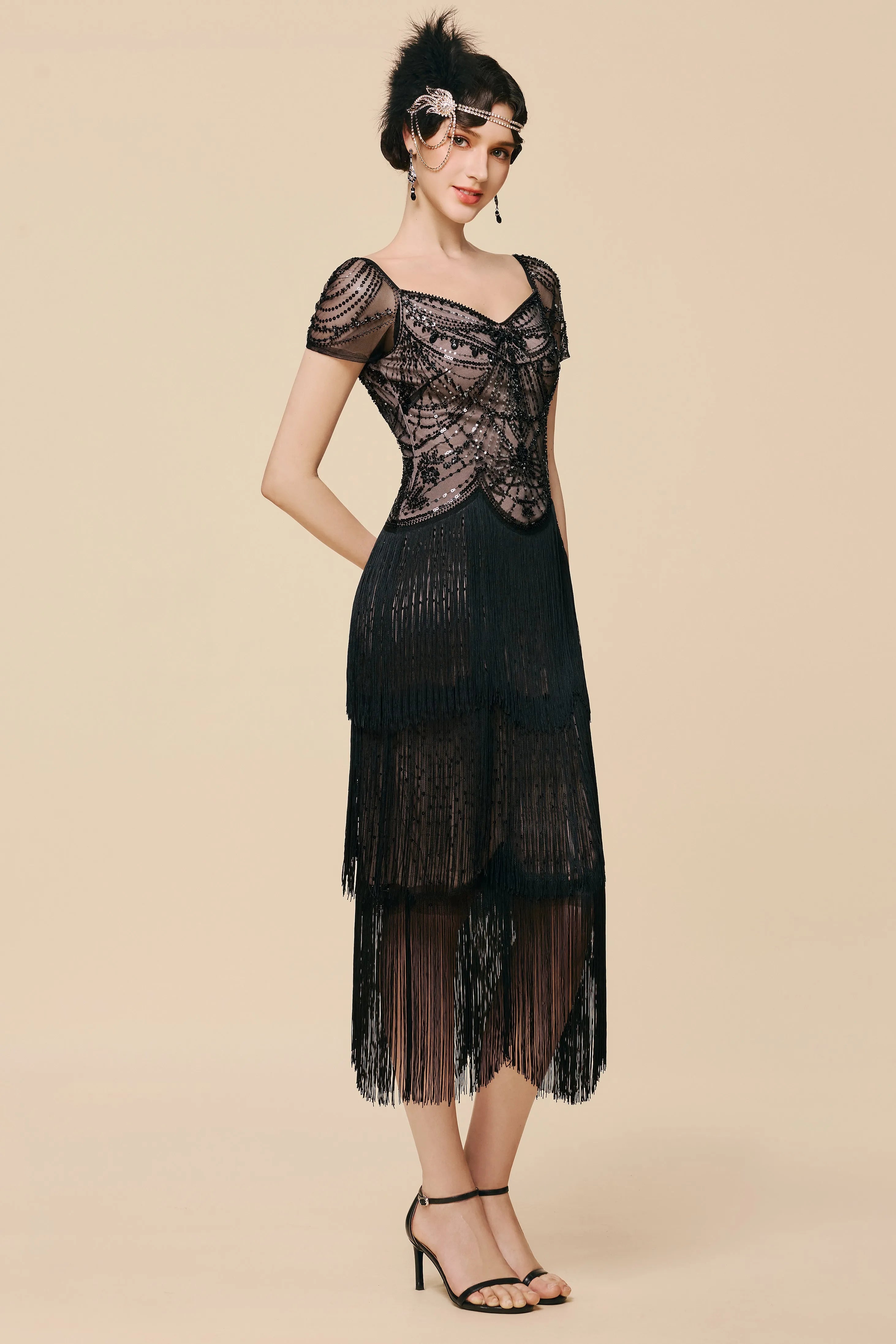 Black Beaded Fringe Gatsby Midi Dress – Vintage Cocktail Statement Look