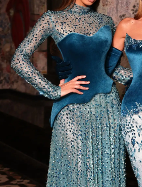 Teal Velvet & Crystal Embellished High Neck Long Sleeve Maxi Dress