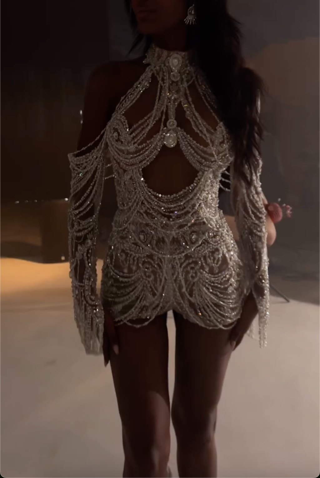 White Sheer Beaded Mini Dress with High Neck