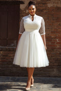 Wedding White Round Neck Short Sleeve See Through Tulle Midi Dresses