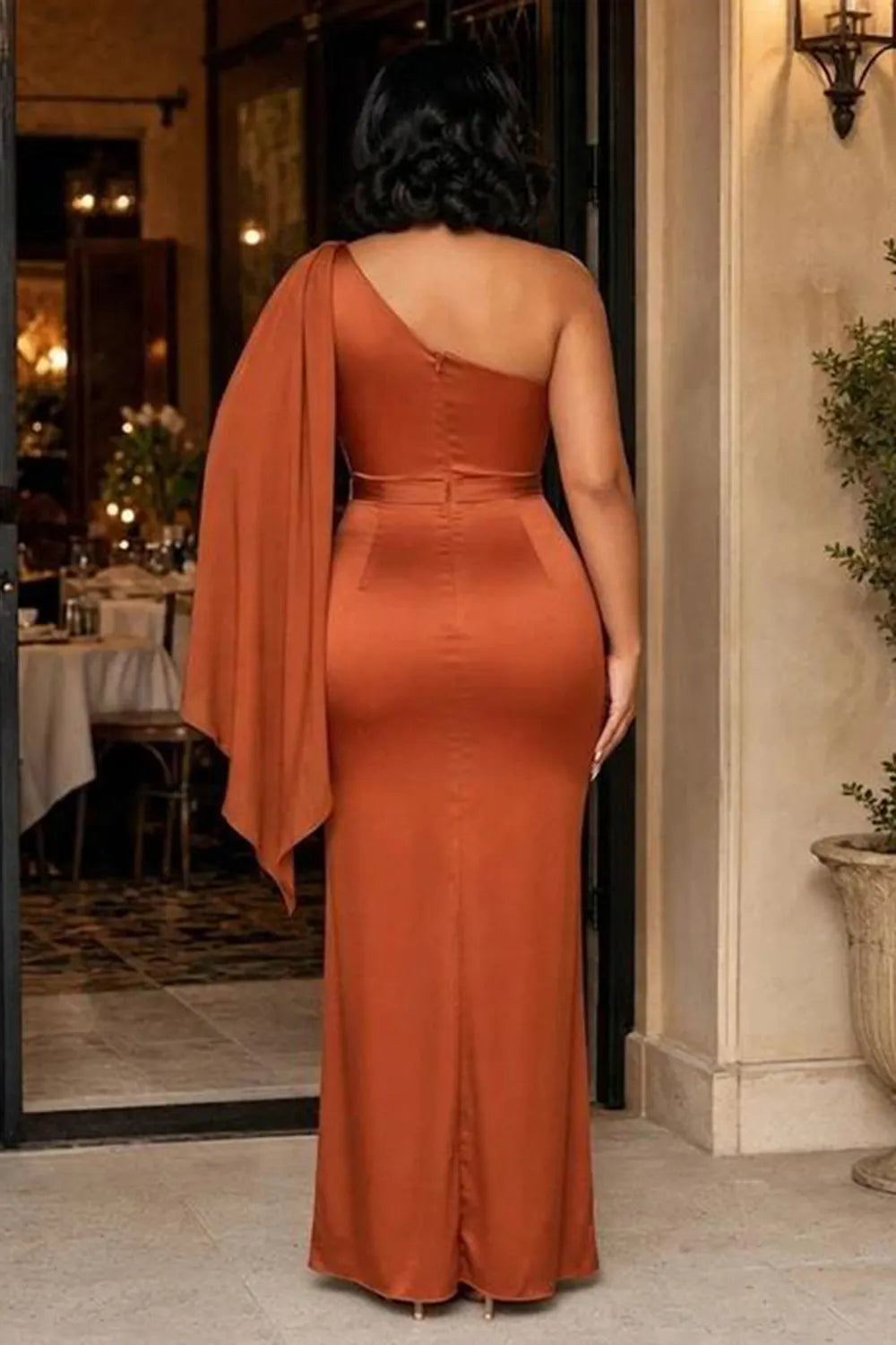 Oblique Collar Streamer Metal Buckle Decor Maxi Dresses-Orange [Pre Order]