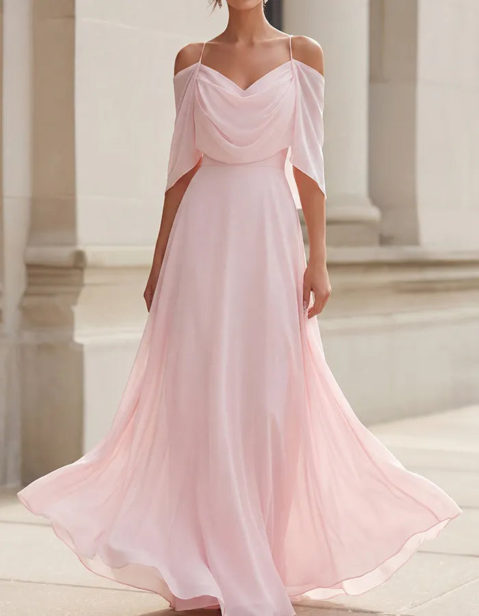 Blush Pink Strapless Sweetheart Draped Chiffon Maxi  Dress