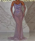 Sweetheart Sheer Mesh Rhinestone Mermaid Evening Gown, Lavender Bow Decor with Matching Full Finger Gloves Formal Train Dress