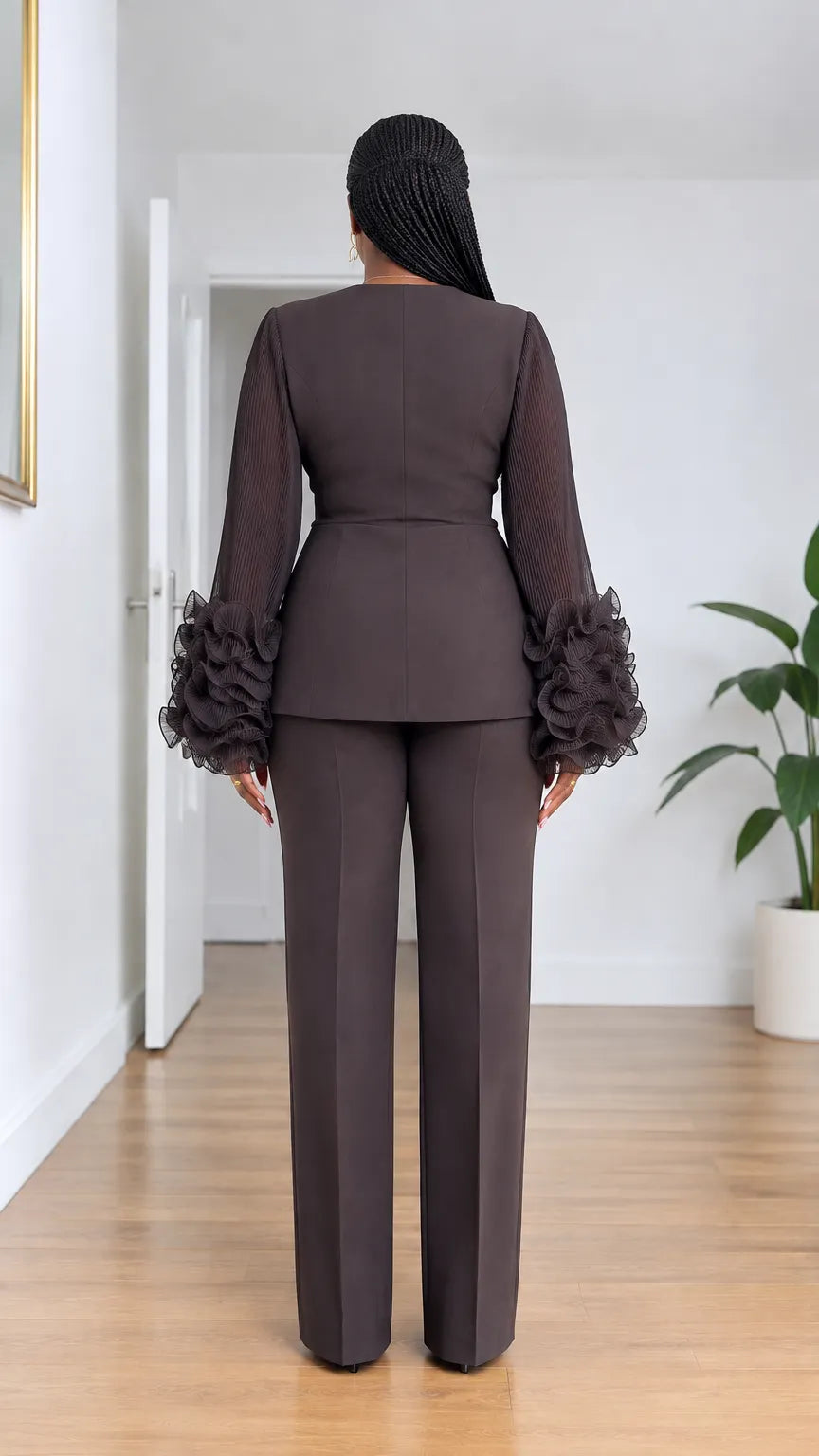 Women's Elegant Ruffle Sleeve Pant Suit Set with Asymmetrical Blazer and Tailored Trousers