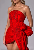 Red Strapless Crystal Beaded 3D Ruched High Slit Maxi Dress with Oversized Bow & Train