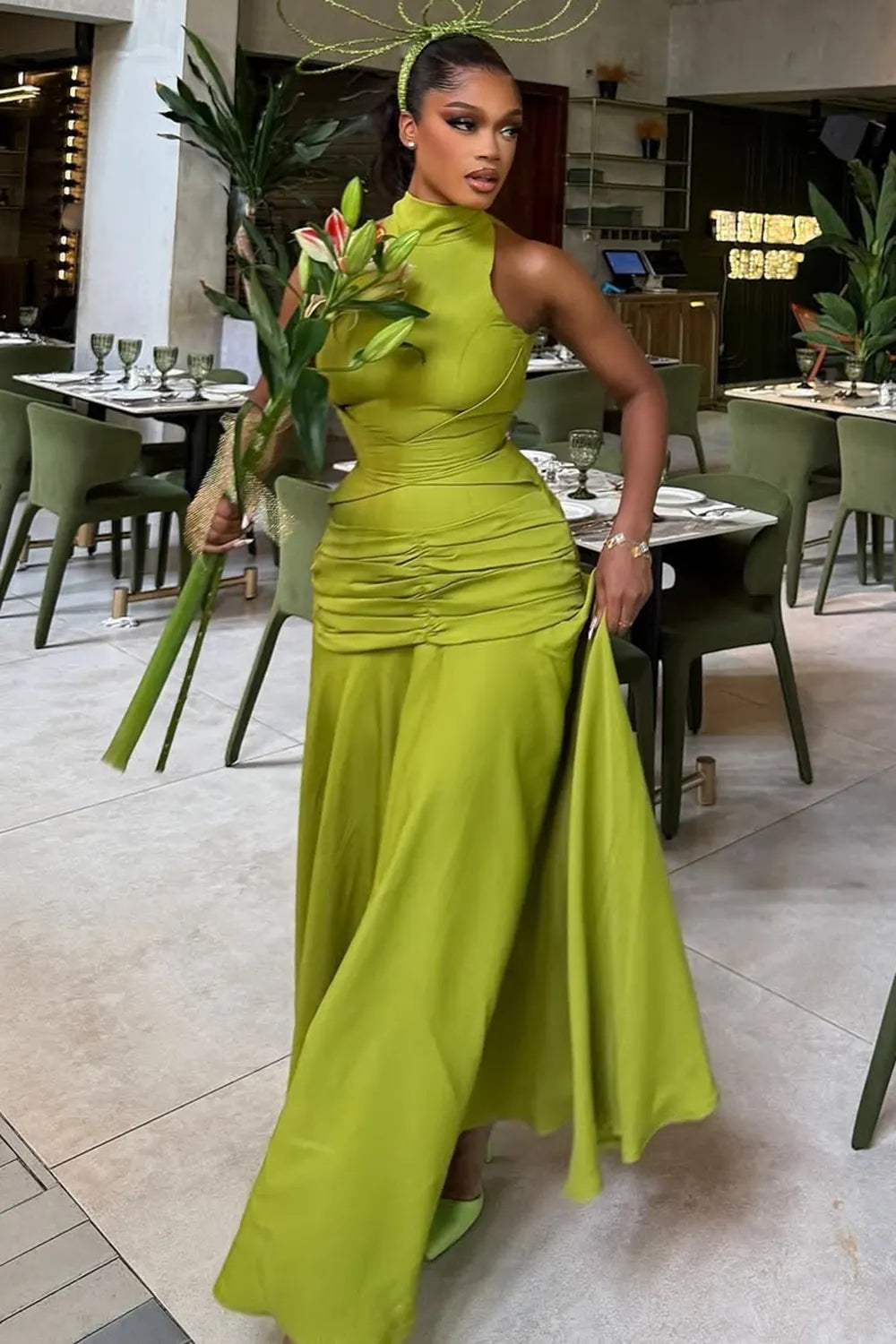 Mock Neck Off Shoulder Ruched Evening Gowns Maxi Dresses-Green [Pre Order]