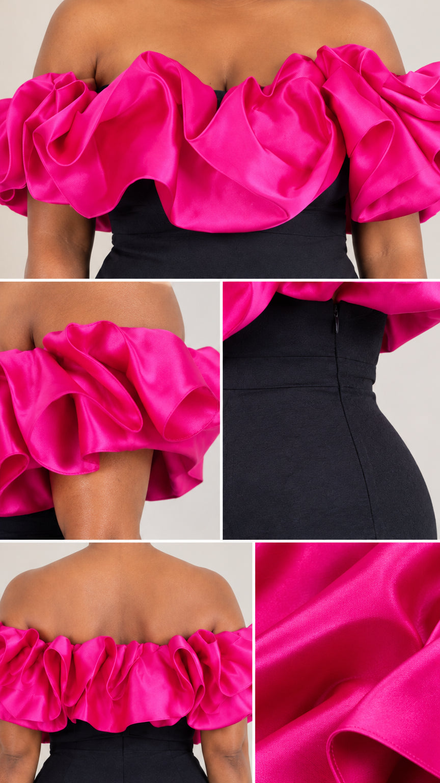 Off-The-Shoulder Ruffle Midi Dress with Satin Accent