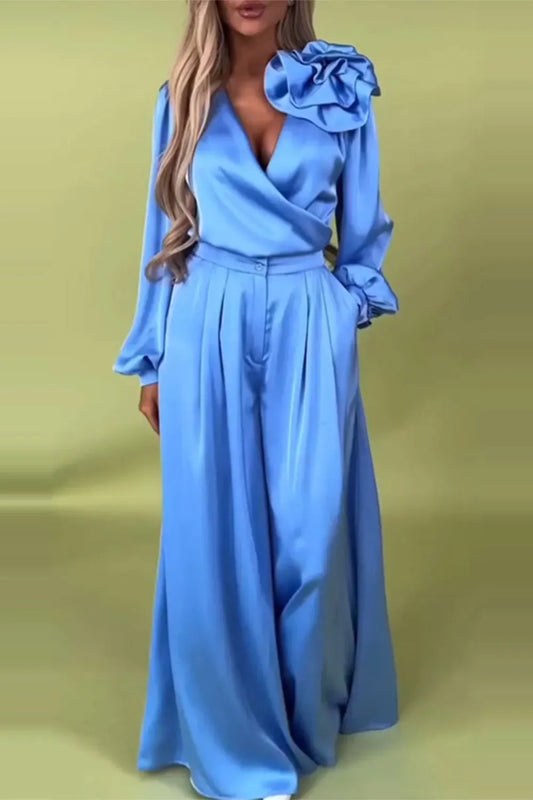 Plus Size Business Casual Blue Wrap Neck Lantern Sleeve Long Sleeve 3D Elegant Pocket Satin Two Piece Pant Sets