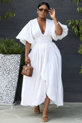 Deep V Neck Balloon Sleeve Cinch Waist Casual Maxi Dresses-White