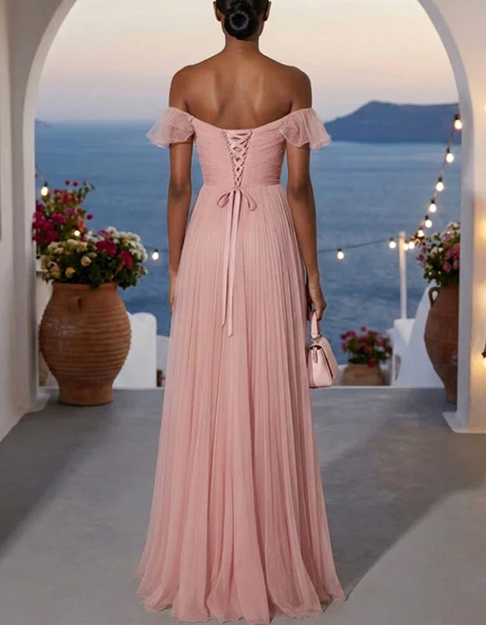 Flesh Pink Off-the-Shoulder Ruffle Tulle A-Line Maxi Dress