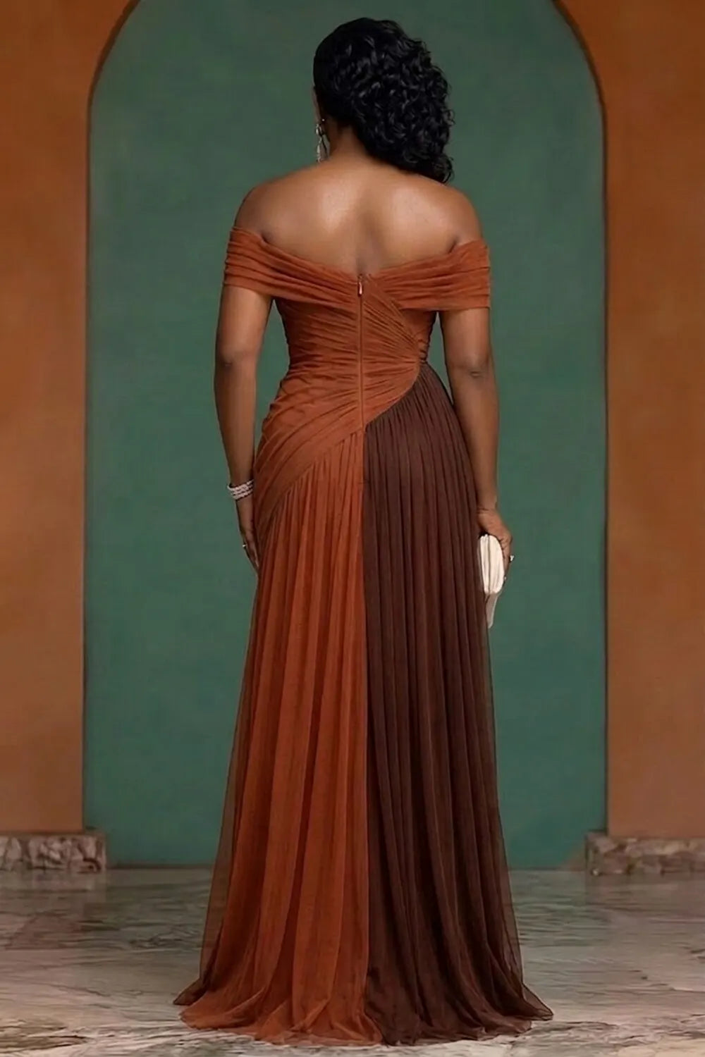 Off Shoulder Glitter Colorblock Evening Gowns Maxi Dresses-Brown [Pre Order]