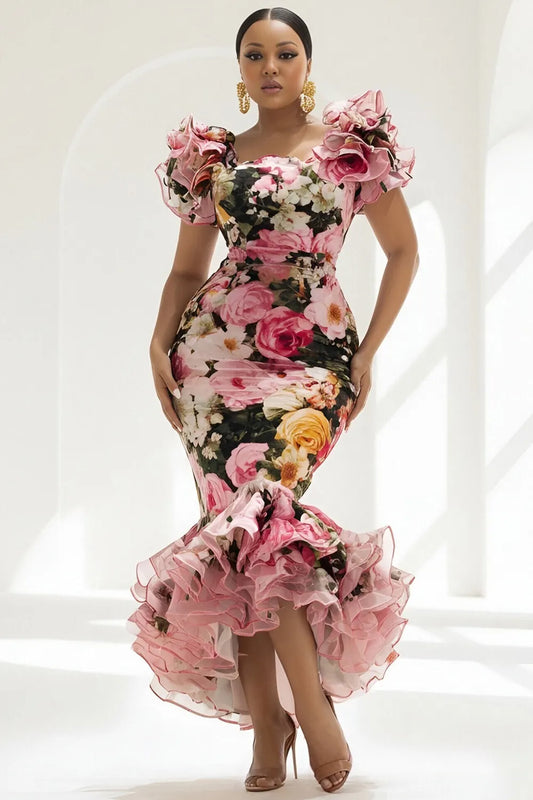 Cocktail Party Chiffon Pink Floral Round Neck Cap Sleeve Mermaid Ruffle Satin Maxi Dresses
