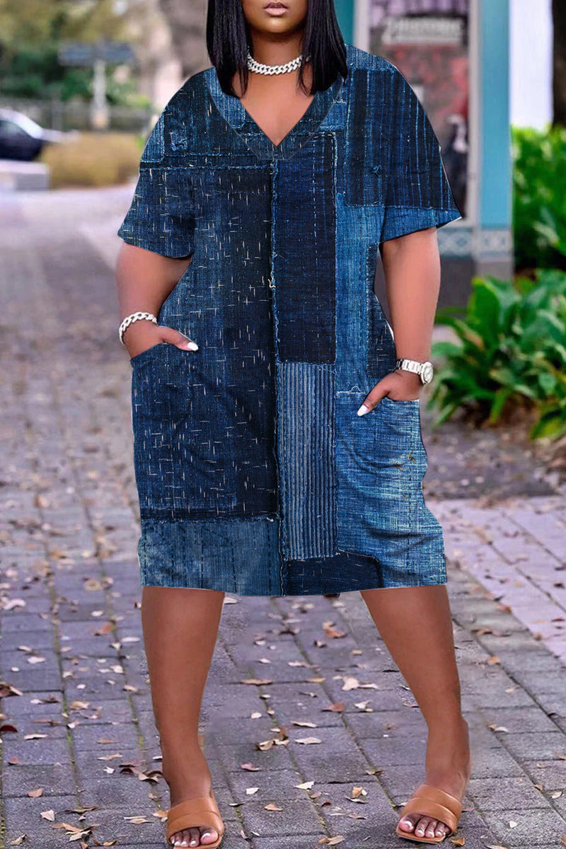 Xpluswear Plus Size Casual V Neck Short Sleeve Print Loose Midi Dress