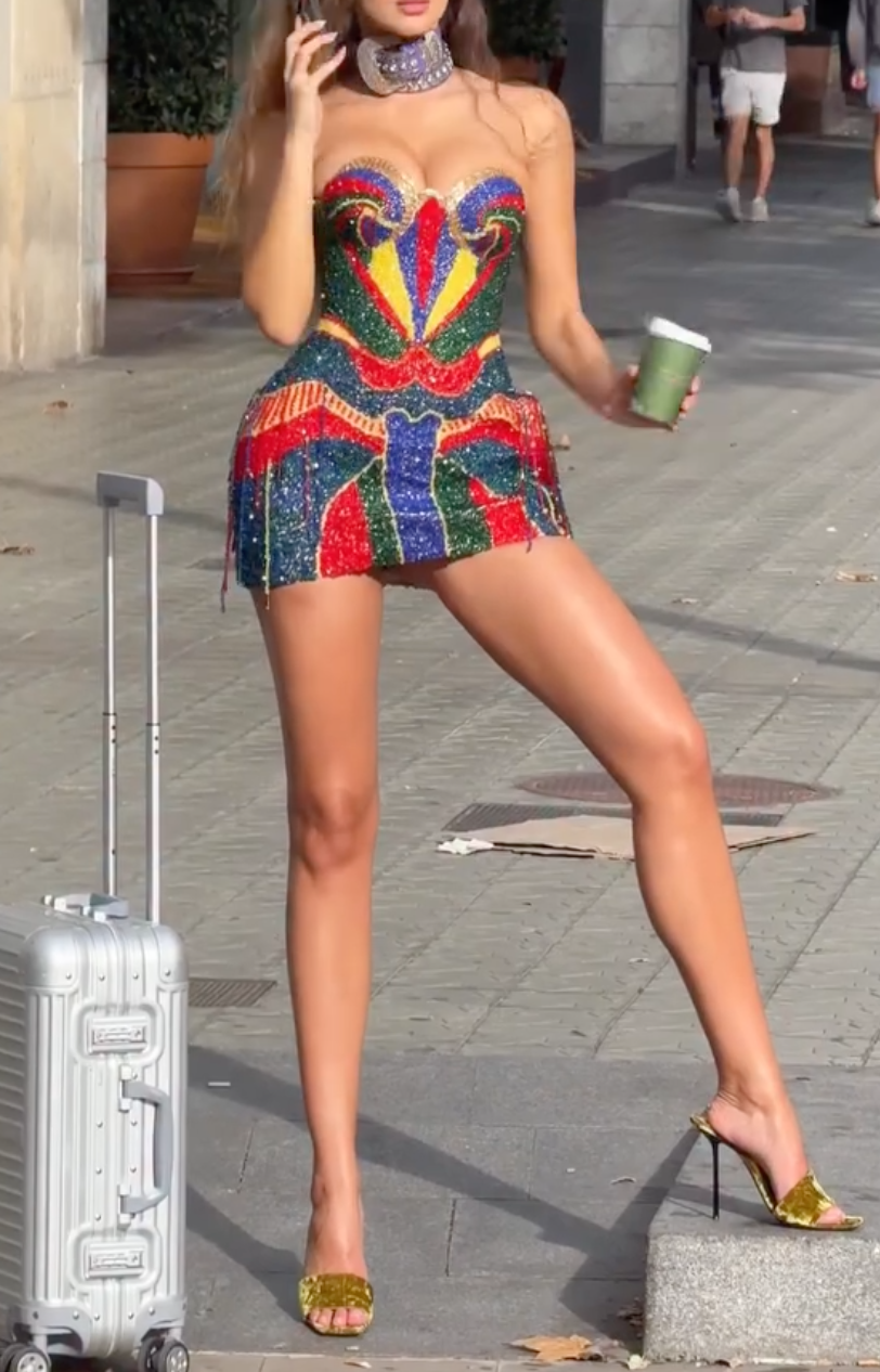 Rainbow Color Block Sequin Strapless Mini Dress