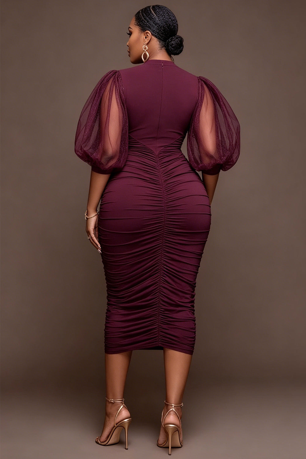 Cocktail Party Burgundy Round Neck Puff Sleeve Short Sleeve Fold Bodycon Tulle Midi Dresses