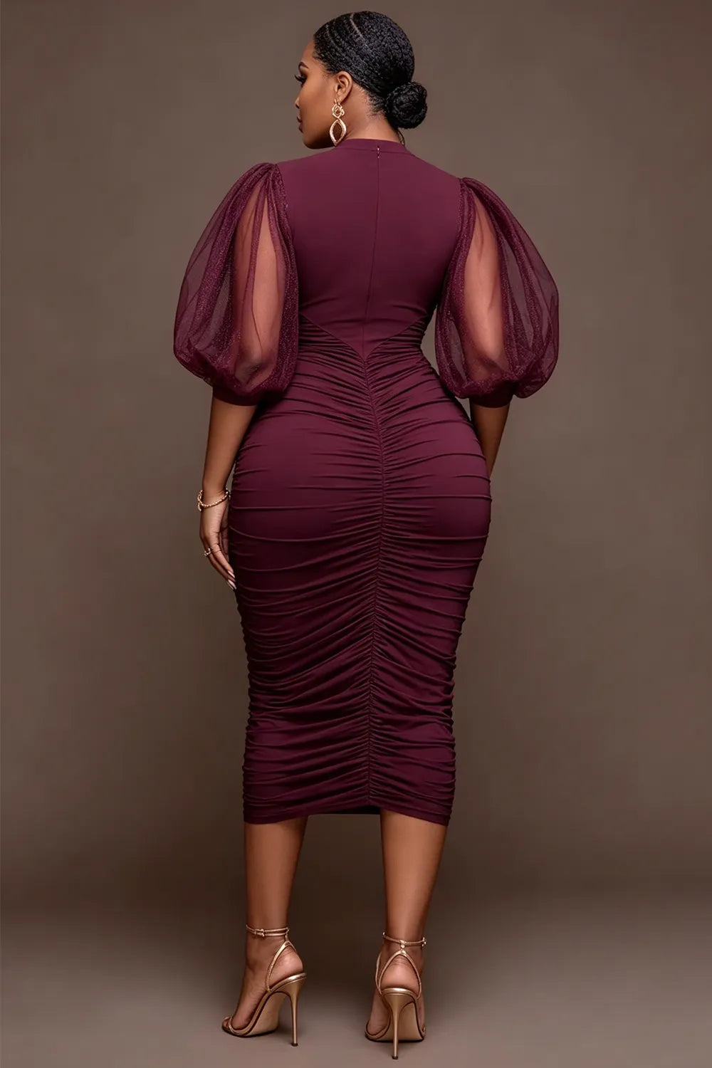 Cocktail Party Burgundy Round Neck Puff Sleeve Short Sleeve Fold Bodycon Tulle Midi Dresses