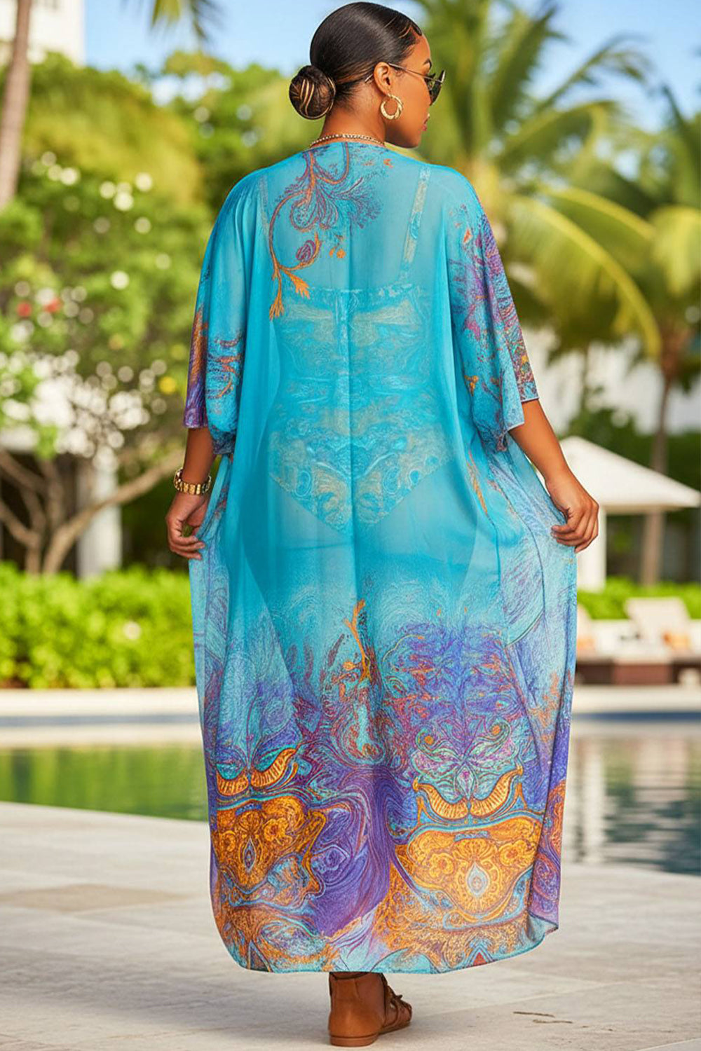 Beach Blue Graphic Swimsuit Fabric Two Pieces Swimsuit Cover Ups Set
