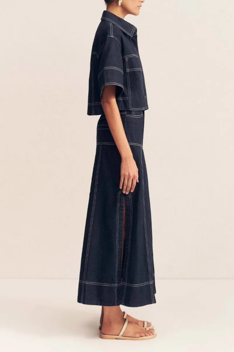 Womens Pocket Short Sleeve Shirt And Slit Skirt Denim Two Piece Set