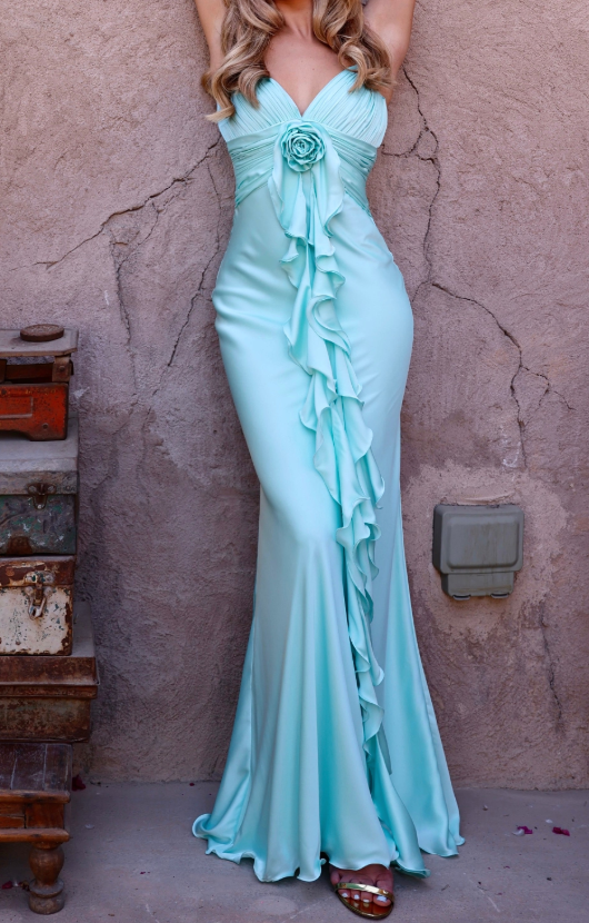 Mint Green Satin Ruffled Mermaid Maxi Dress