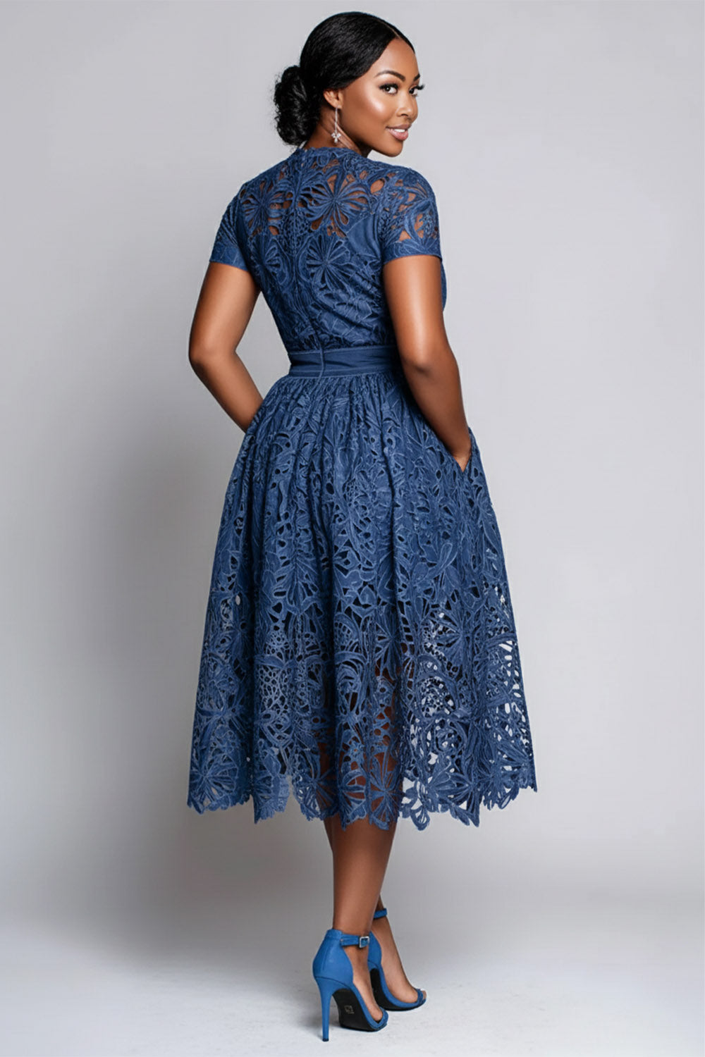 Cocktail Party Blue Round Neck Short Sleeve Pocket Cut Out Guipure Lace Midi Dresses