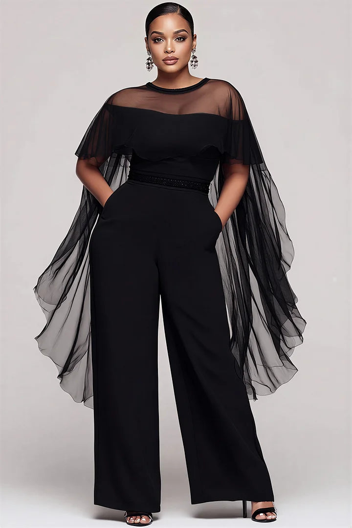 Elegant Black Round Neck Cape Sleeve Short Sleeve See Through Pocket Tulle Jumpsuits