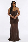 Spaghetti Strap Metal Decor See Through Mesh Slim Fit Maxi Dresses-Brown