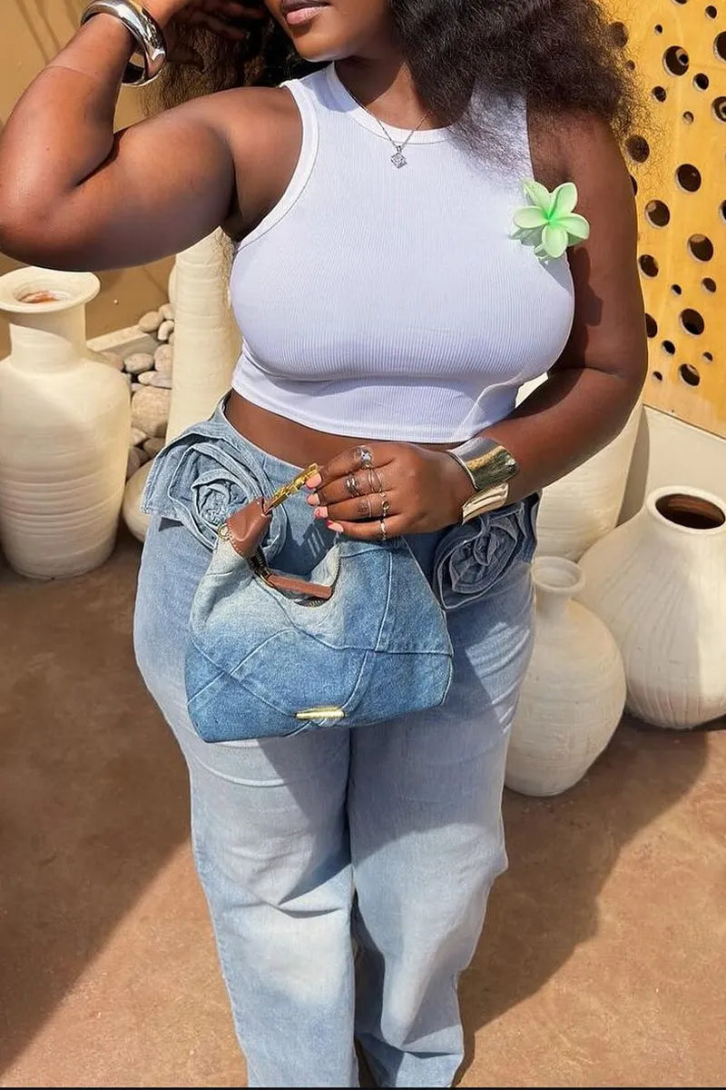 Women High Waist 3D Rose Floral Applique Light Wash Flare Jeans