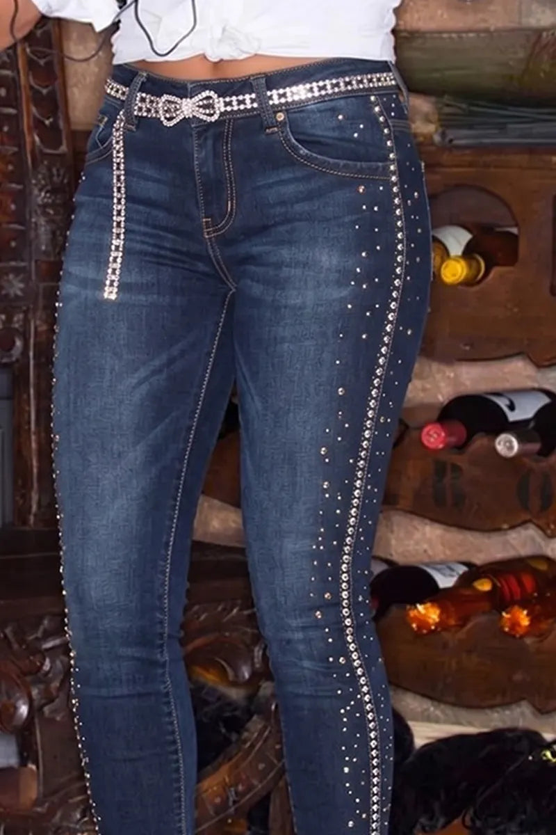 Women High Waist Side Full Rhinestone Studded Skinny Ankle Jeans