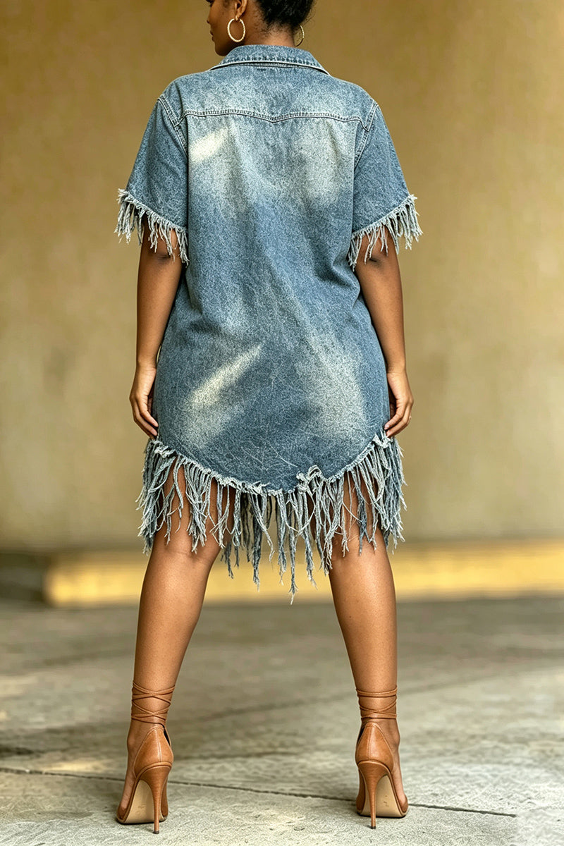 Women's Casual Fringe Washed Hem Loose Denim Dress