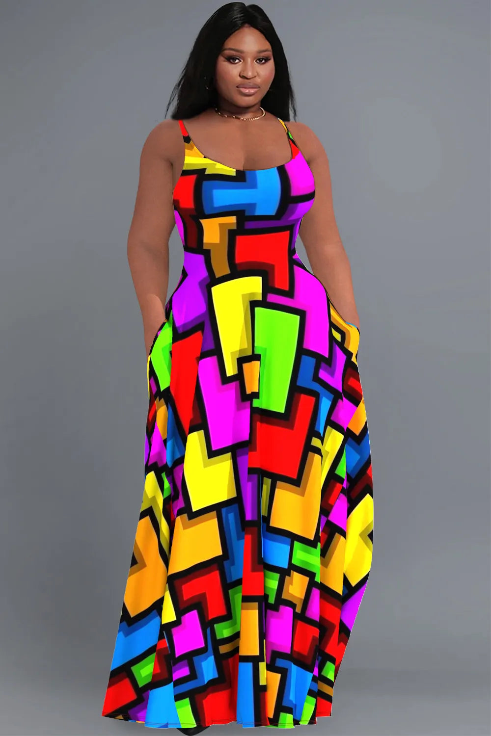 Casual Sundress Colorful Geometric Colorblock Cami With Pockets Maxi Dress