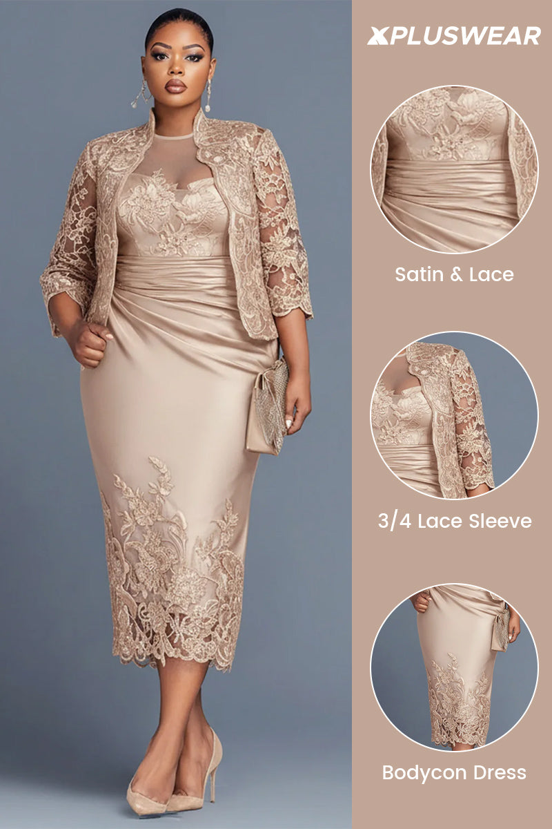 Cocktail Party Lace Champagne Round Neck 3/4 Sleeve Contrast Bodycon Satin Two Piece Dress Sets