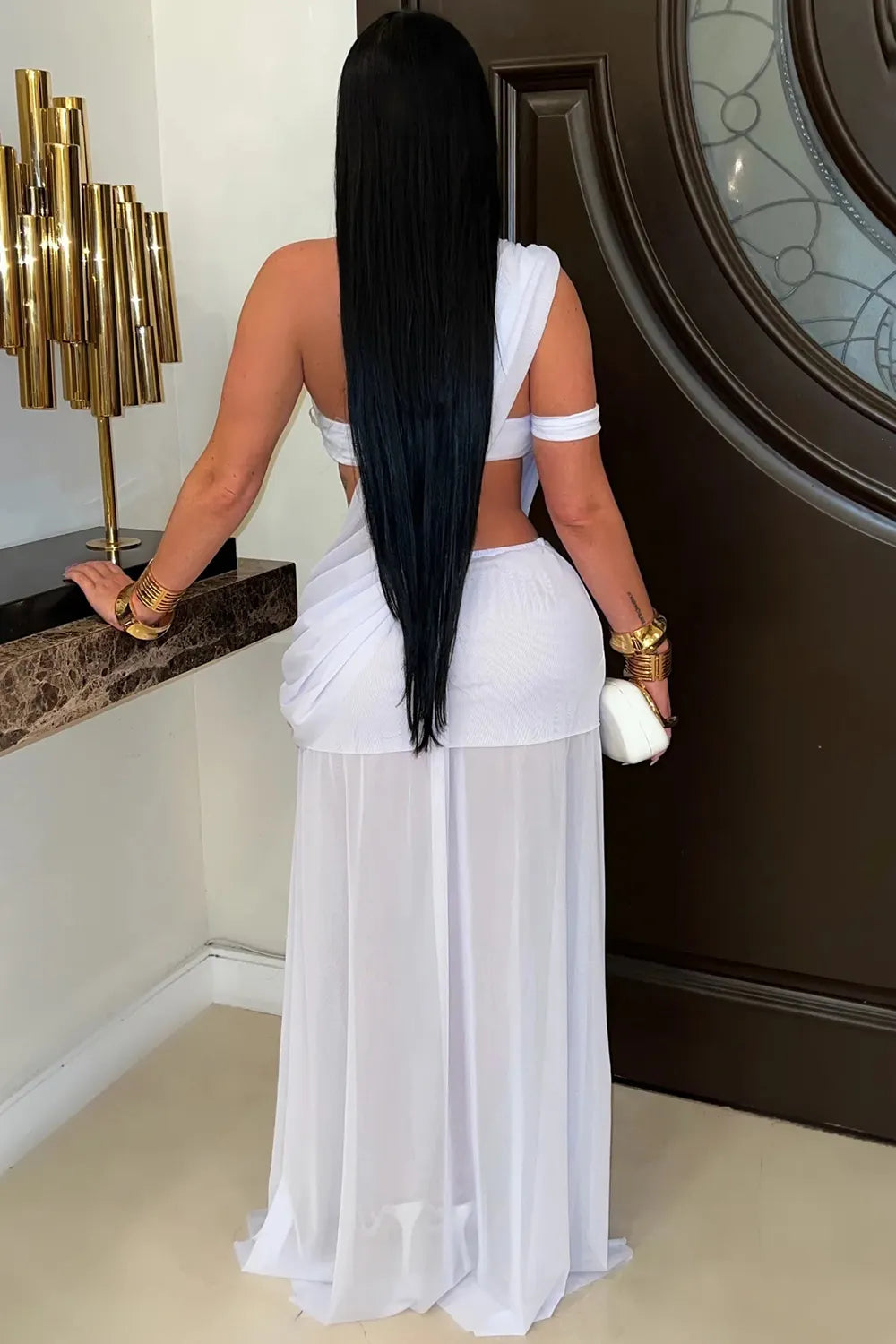 Halter Neck Draped See Through Mesh Gowns Maxi Dresses-White [Pre Order]