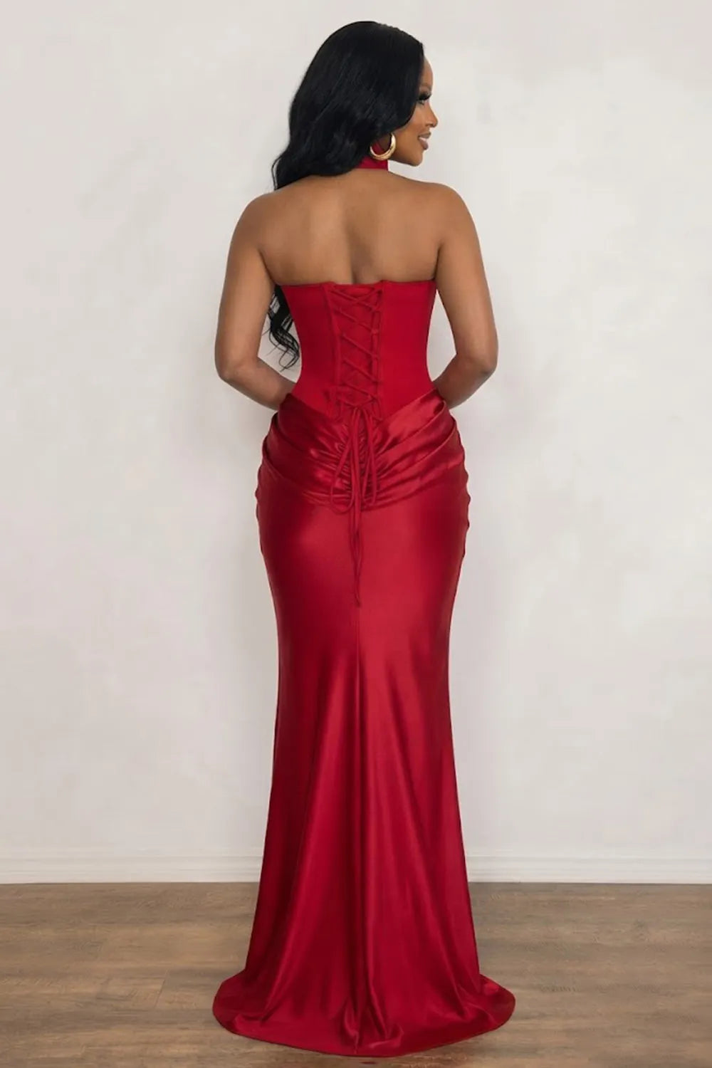 Strapless Draped Halter Scarf Slim Fit Satin Evening Gowns Maxi Dresses-Red