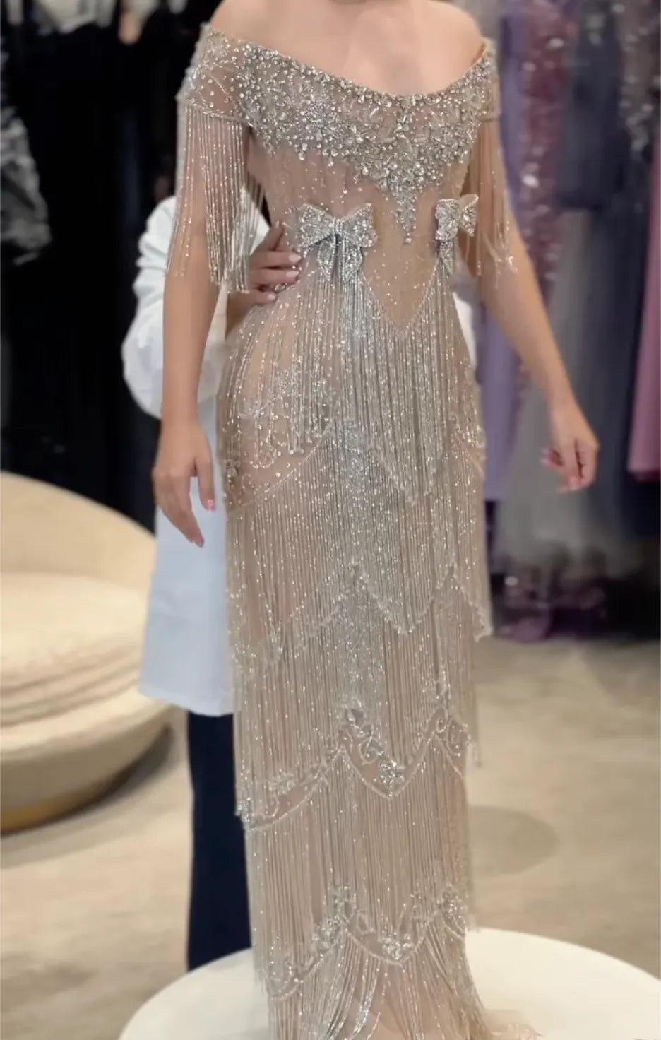 Silver Rhinestone Fringe Off‐the‐Shoulder Maxi Evening Gown, Sheer Mesh Beaded Bow Formal Dress for Prom Gala Wedding Guest Red‐Carpet