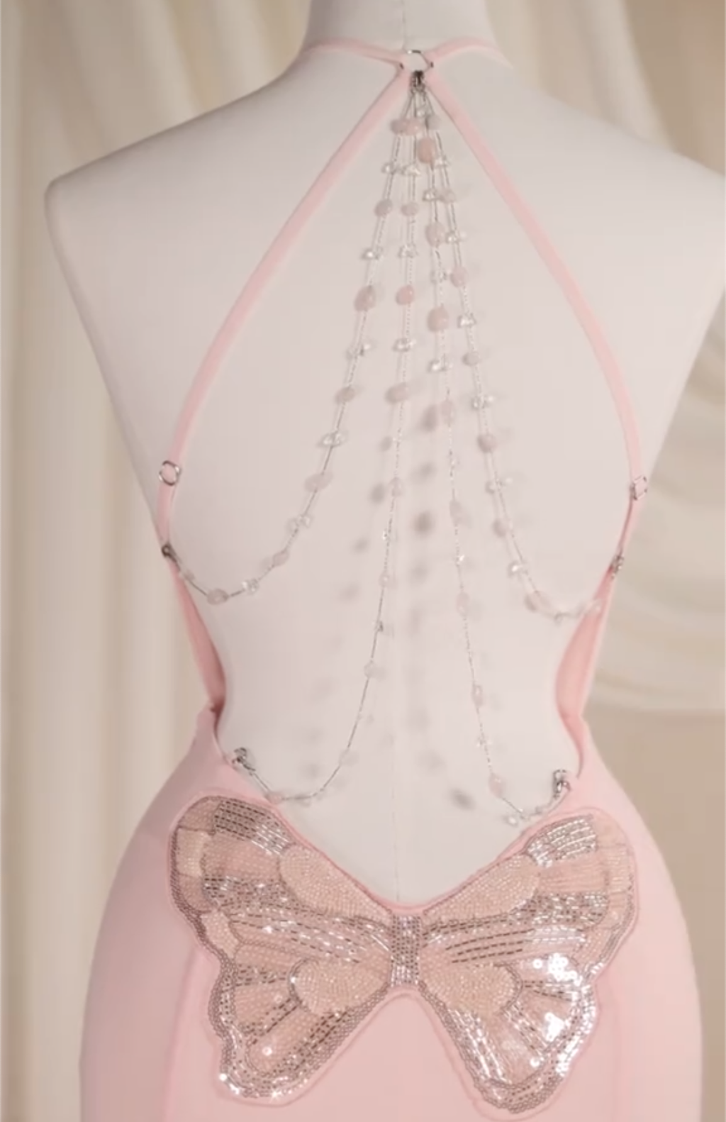Pink Butterfly Beaded Halter Backless Chiffon Mermaid Maxi Dress
