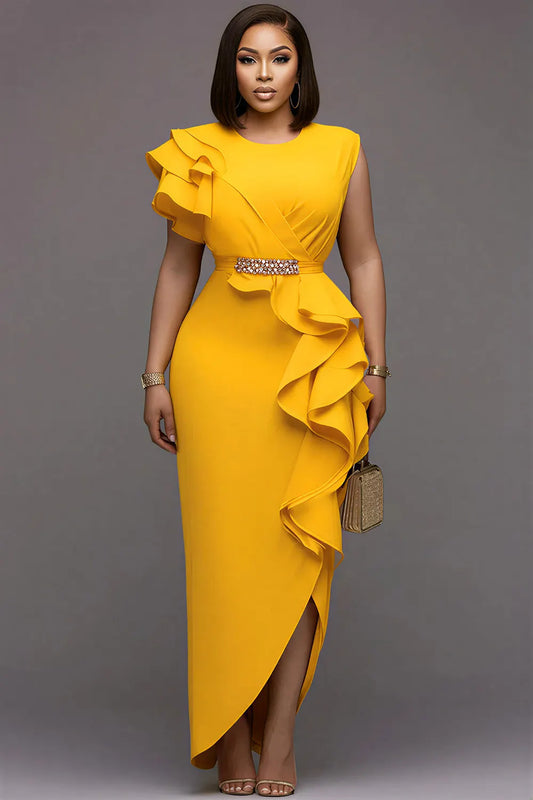 Cocktail Party Yellow Round Neck Ruffle Split Maxi Dresses